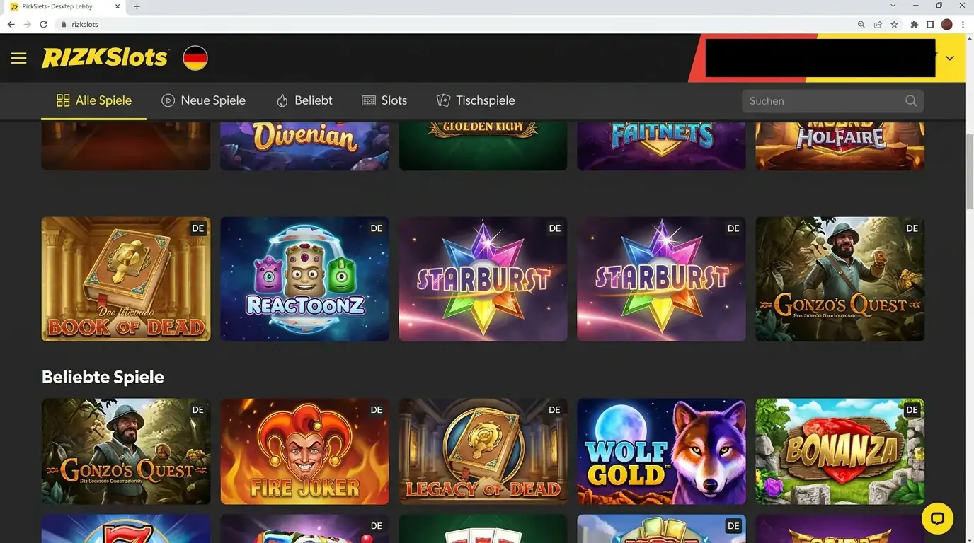 Aktuelle deutsche RizkSlots-Lobby mit sichtbaren Slot-Kategorien und Filtern