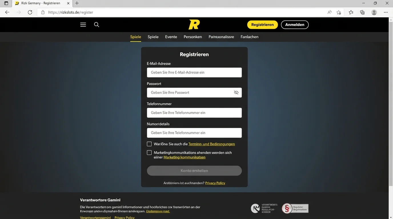 Registrierungsansicht von Rizk auf der offiziellen deutschen Domain