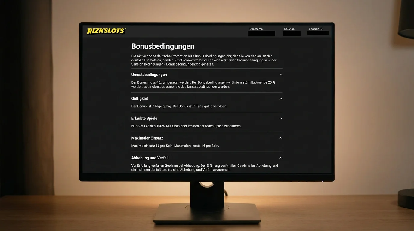 Originalansicht der deutschen Rizk Bonusbedingungen mit sichtbaren Regelabschnitten