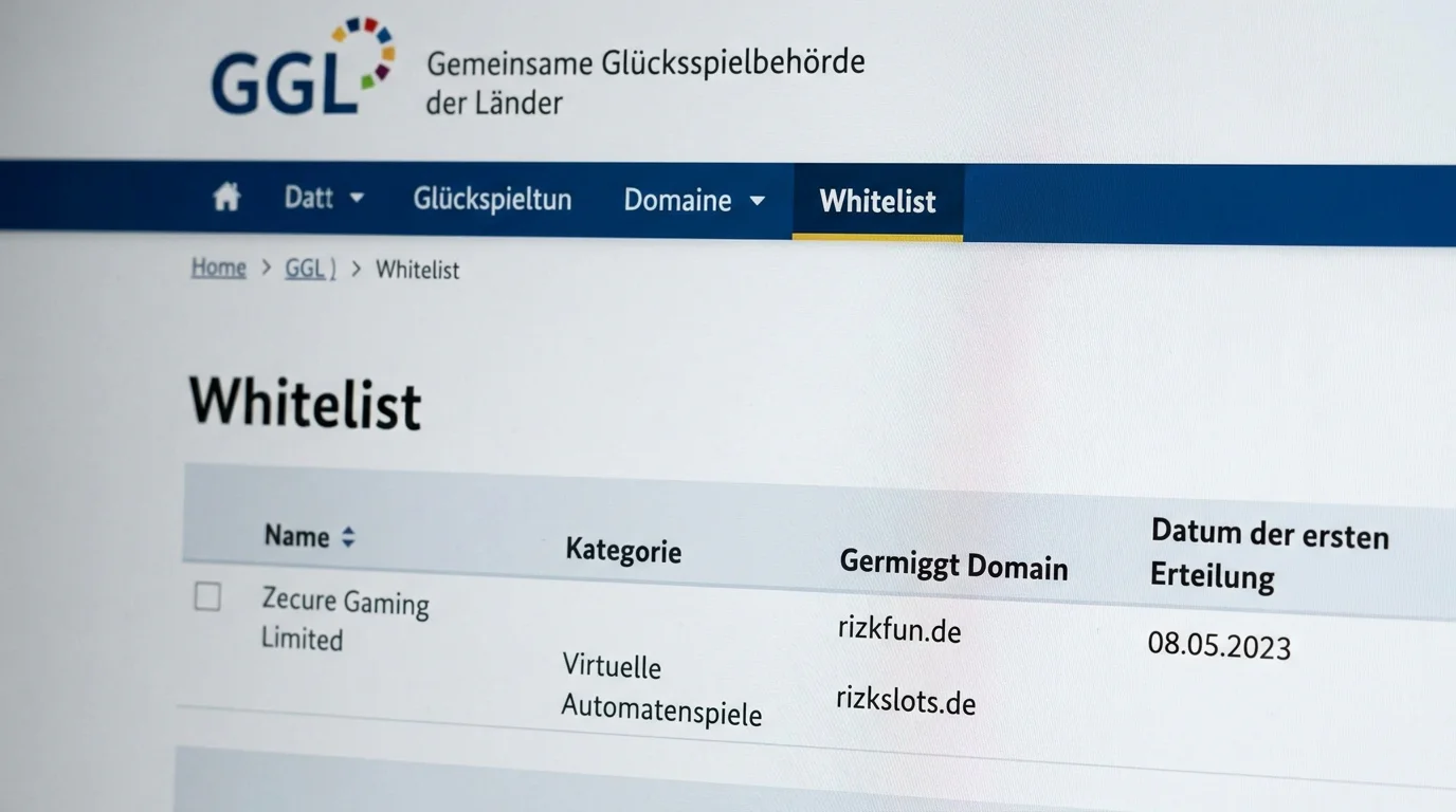 GGL-Whitelist-Eintrag für Zecure Gaming Limited mit den deutschen Rizk-Domains
